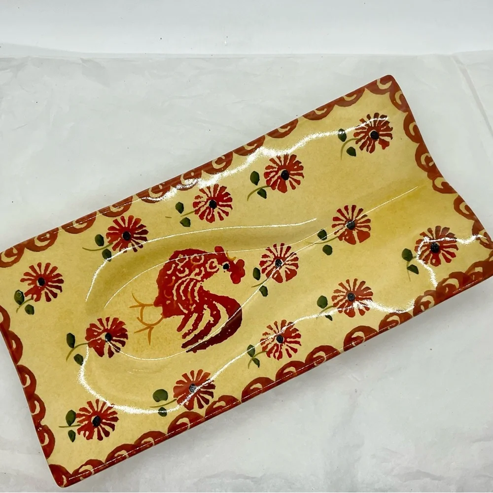 VTG Williams Sonoma 10” L x 5” W Spoon Rest Hand Painted Rooster & Flowers Italy